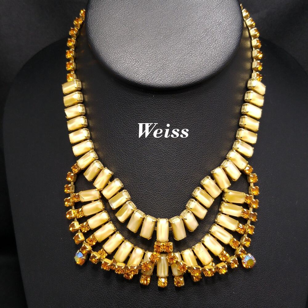 Weiss 1950s Topaz Rhinestone & Beige Art Glass Festoon Necklace